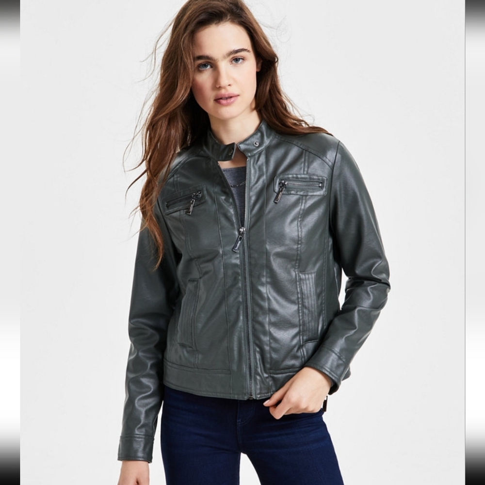 NWT Jou Jou Women's Dark Sage Faux-Fur-Lined Moto Jacket Size XS